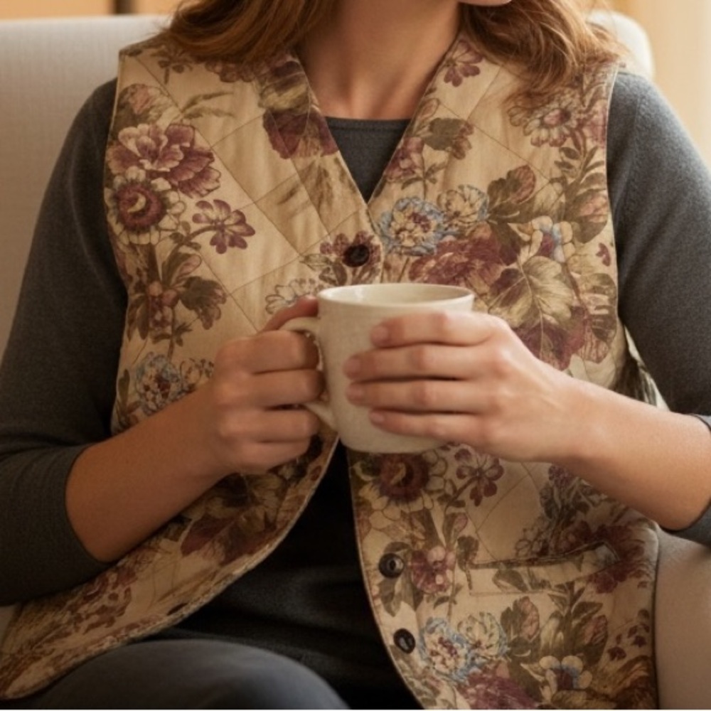 Liz Wear Vintage Floral‎  Quilted Chore Cottage Core Vest